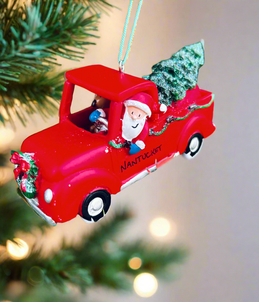 SANTA IN RED PICKUP TRUCK XMAS ORNAMENT