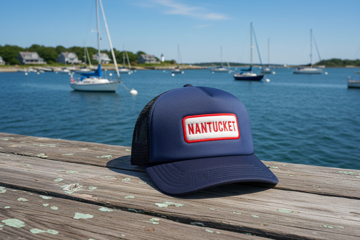 NAVY TRUCKER HAT WITH RED NANTUCKET PATCH