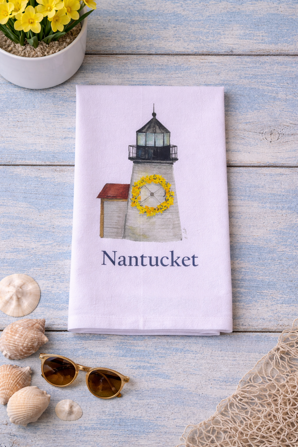 Brant Point Lighthouse with daffodil wreath and Nantucket