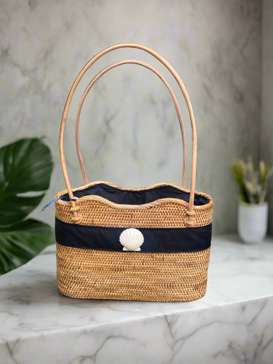Medium Woven Tote With Black Ribbon