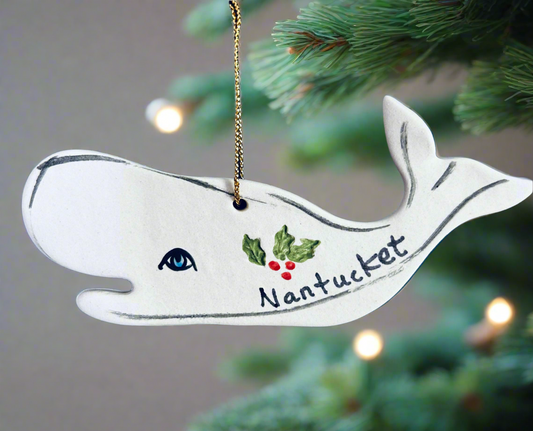 SPERM WHALE WITH HOLLY NANTUCKET CHRISTMAS ORNAMENT