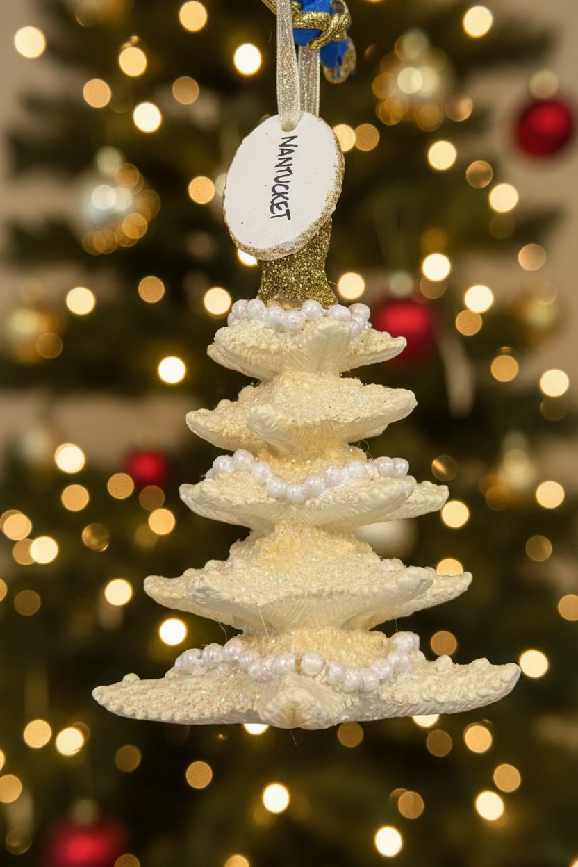 A beige and white starfish Christmas ornament designed in a tree shape with multiple tiers, hanging from a string.