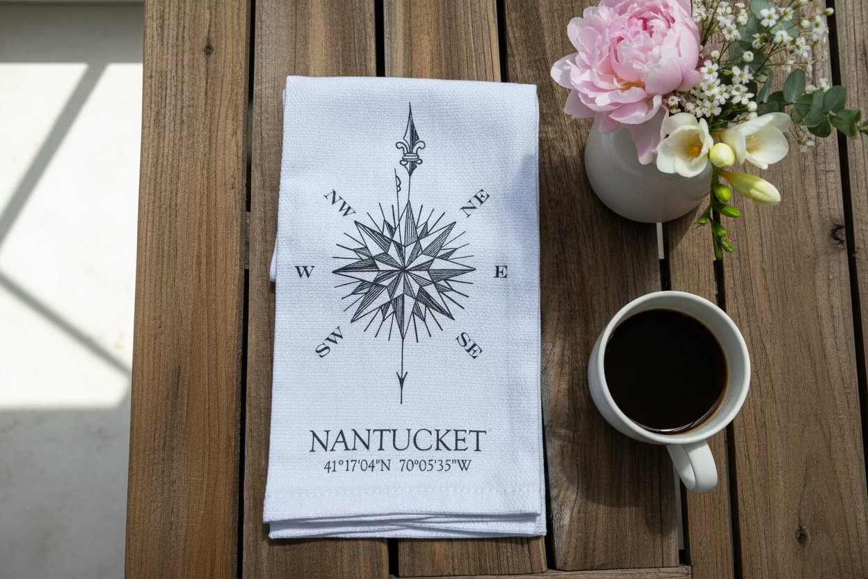 GREY NANTUCKET COMPASS TEA TOWEL