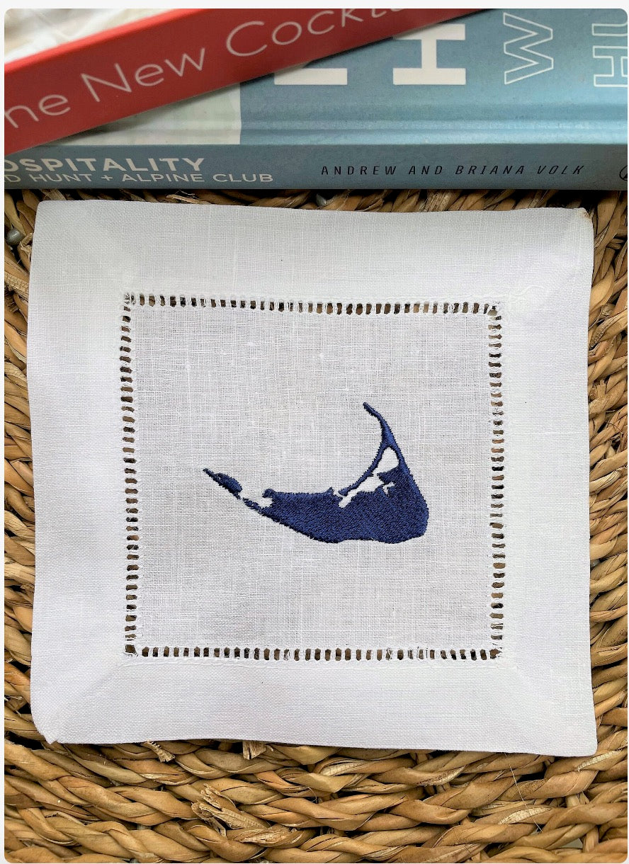 Nantucket Map Embroided Cocktail Linen Napkin