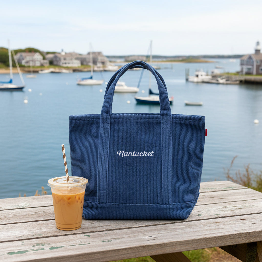 BLUE CORDUROY TOTE W/ MAP AND NANT 13.5X8.5