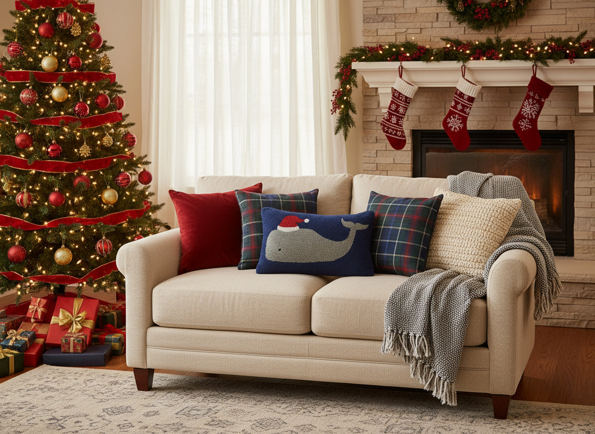 A hook pillow featuring a gray whale wearing a Santa hat on a blue background.