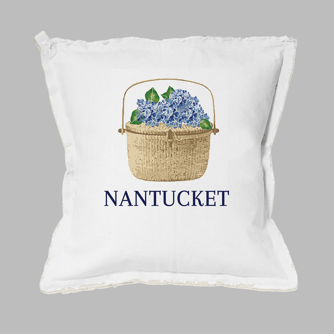 NANTUCKET BASKET WITH HYDRANGEA PILLOW