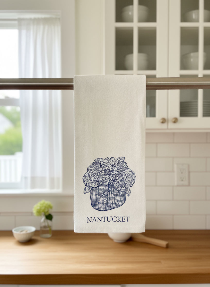 NANTUCKET HYDRANGEA IN BASKET TEA TOWEL