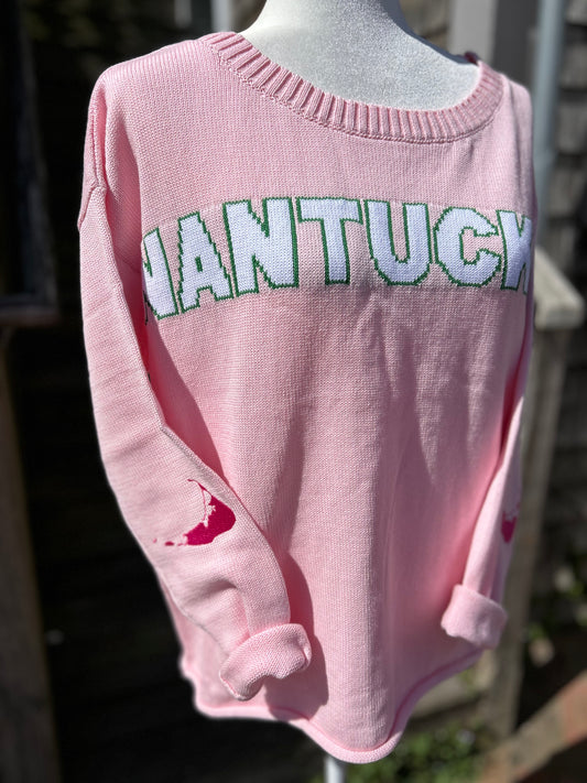 Pink + Green Drop Shoulder Crewneck with Nantucket Map Elbow