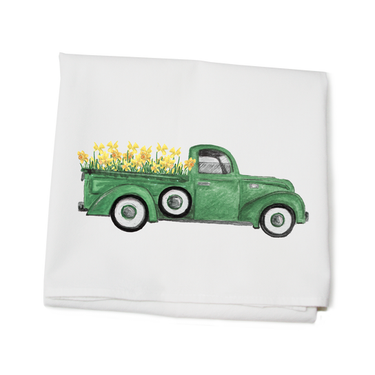 GREEN TRUCK WITH DAFFODILS FLOUR SACK TOWEL