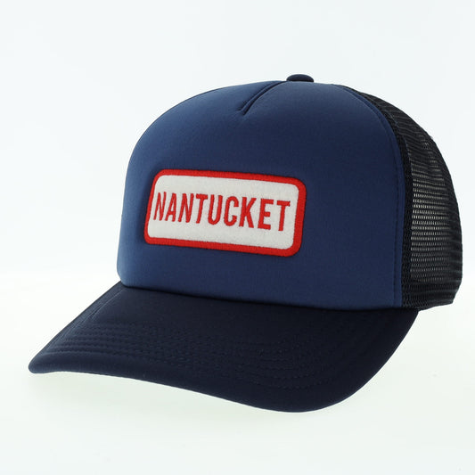 NAVY TRUCKER HAT WITH RED NANTUCKET PATCH