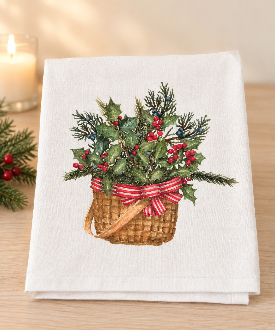 Nantucket Basket Holly Christmas Tea Towel