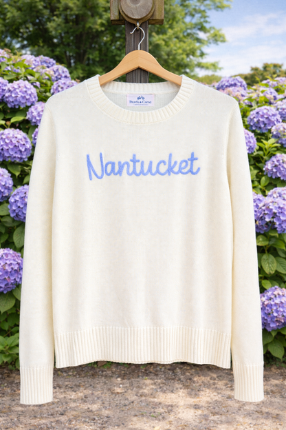 Nantucket Script Sweater with Hydrangea.