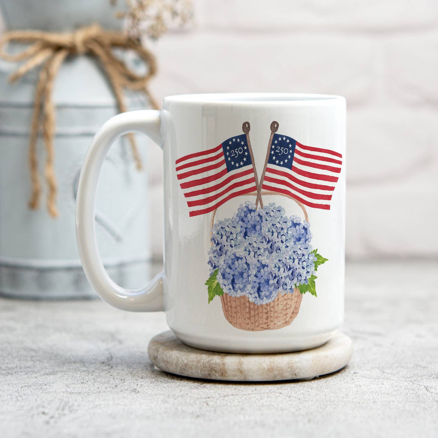 Freedom 250 Patriotic Hydrangea Basket Ceramic Mug