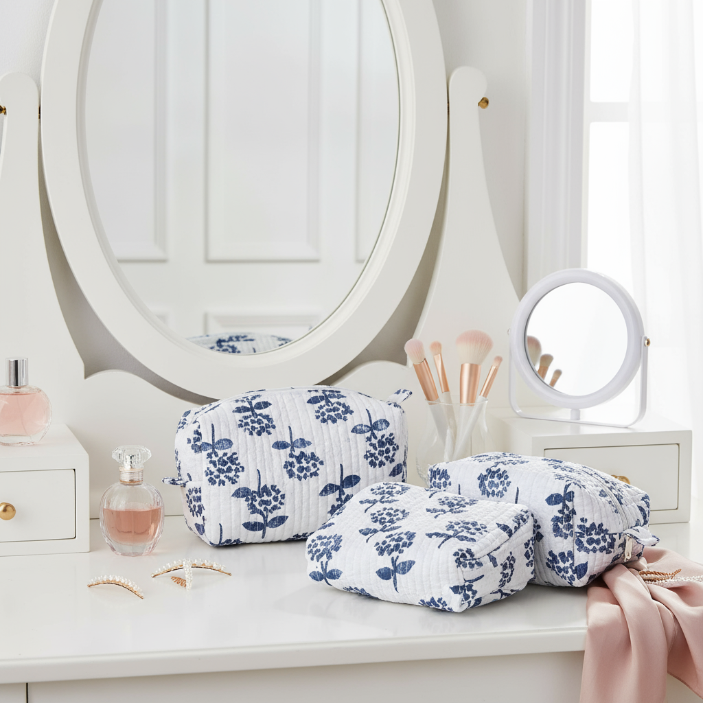 Two quilted saddle pads with blue floral pattern on a gray background