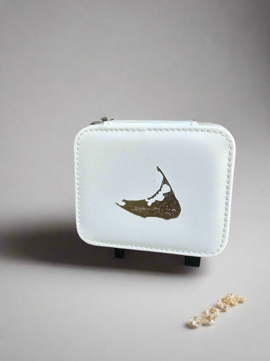 White jewelry box with gold map of Nantucket