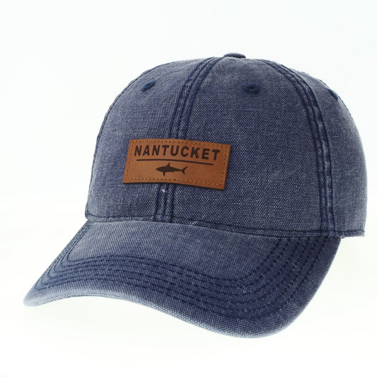 NAVY HAT WITH SHARK NANTUCKET BROWN LEATHER