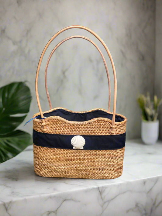 Medium Woven Tote With Black Ribbon