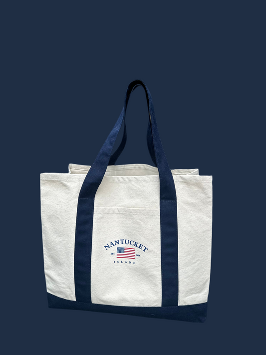 NATURAL TOTE BAG WITH FLAG AND NANTUCKE EST 1659