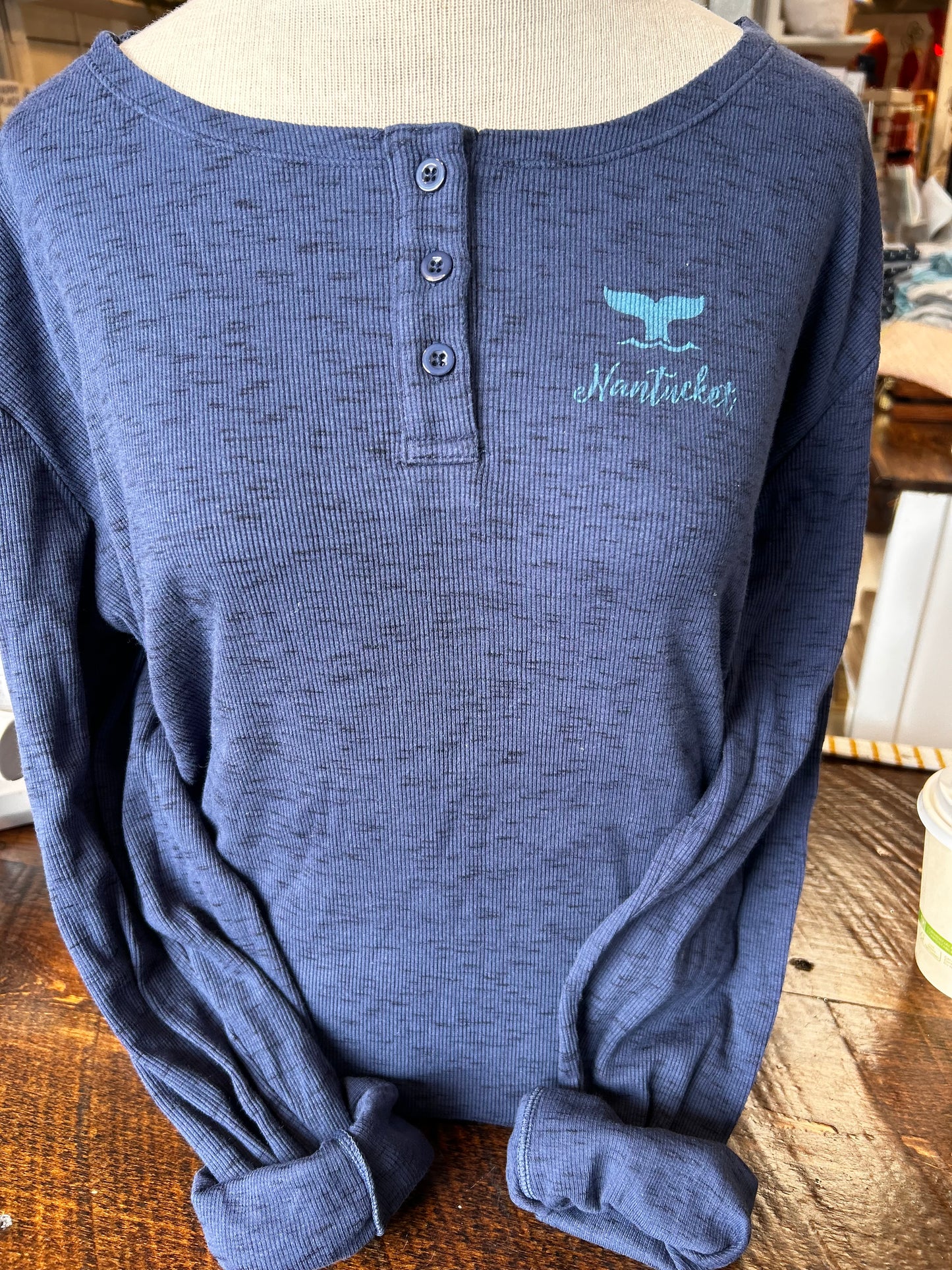 Henley Navy long sleeve tee.