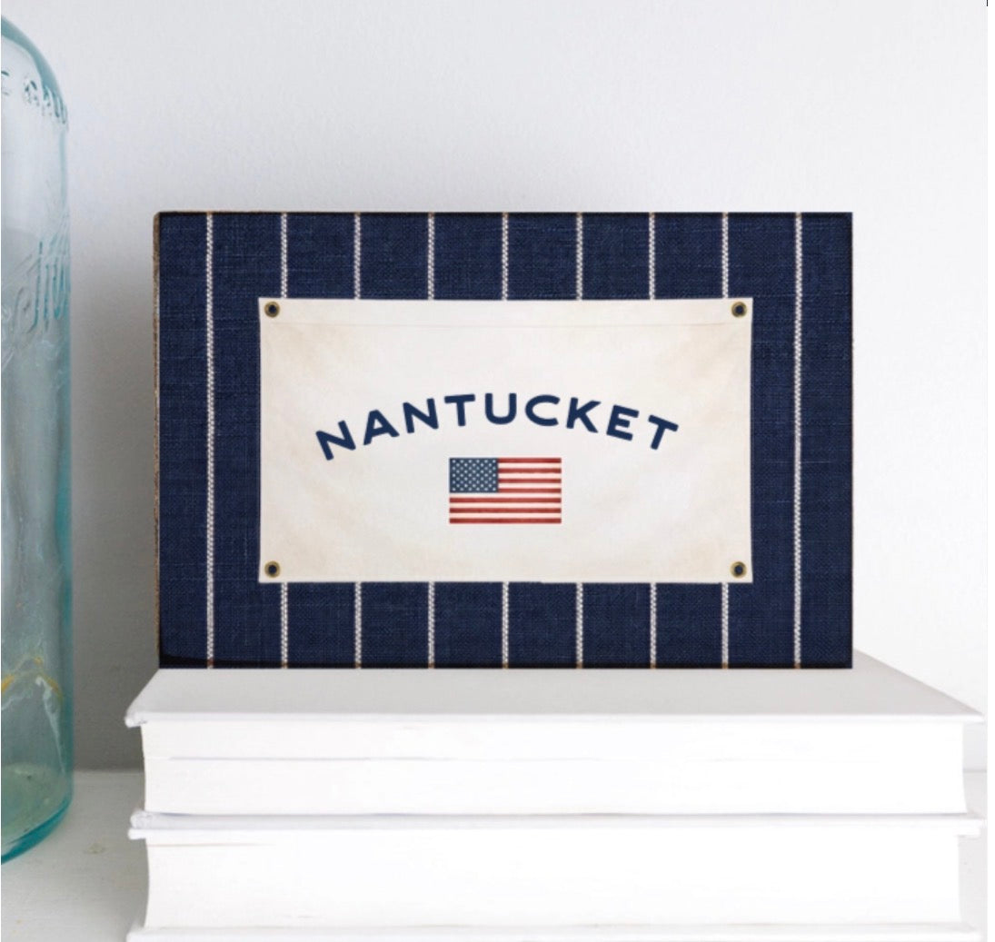 American Flag Navy Stripe Banner Nantucket Wodden Sign