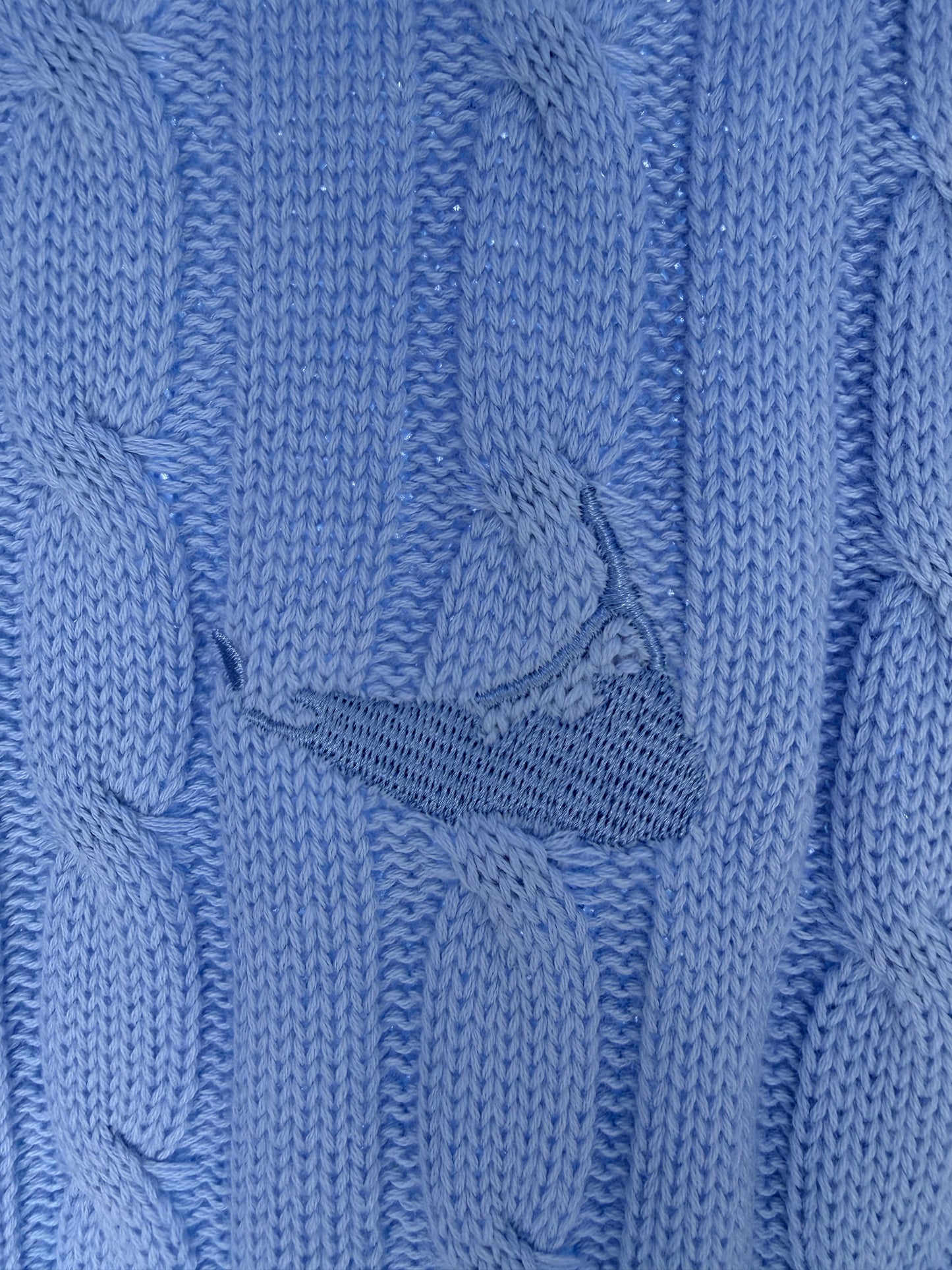Cableknit crew sweater with tonal map of nantucket