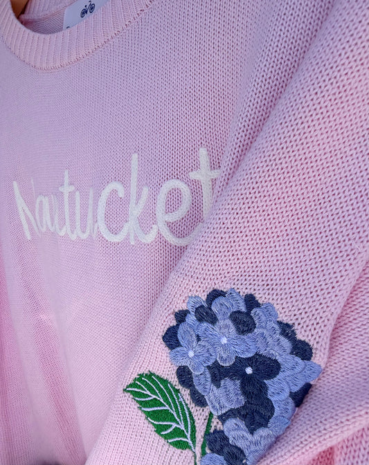 Nantucket Script Sweater with Hydrangea.