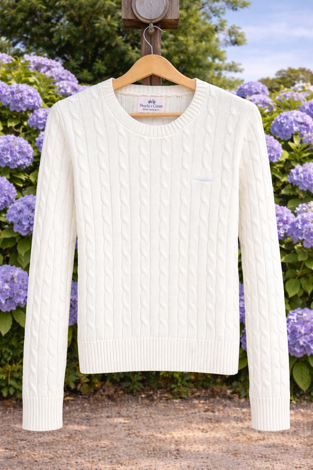 Cableknit crew sweater with tonal map of nantucket