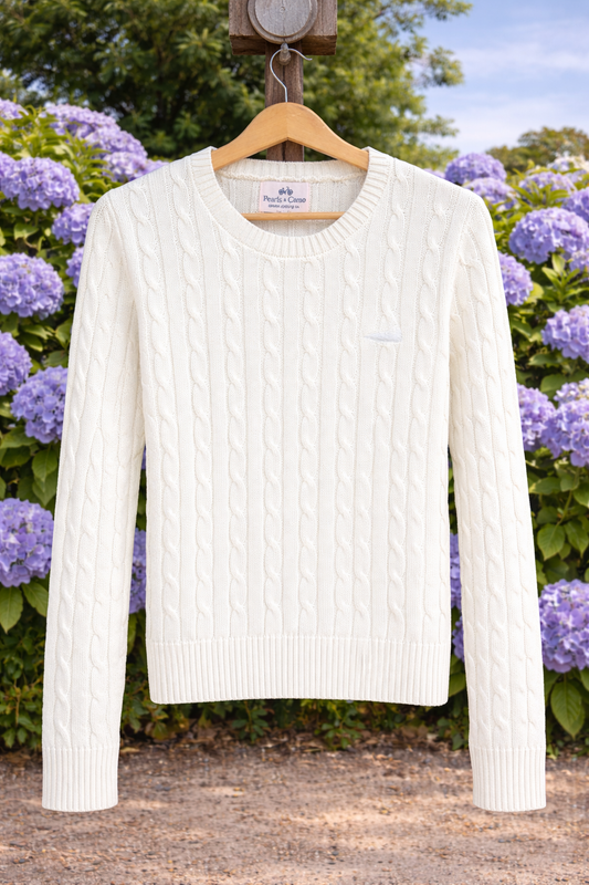 Cableknit crew sweater with tonal map of nantucket