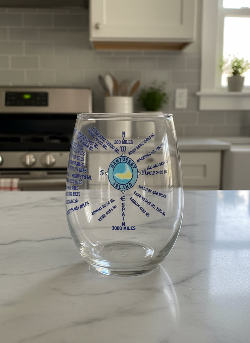 STEMLESS WINE GLASS WITH NANTUCKET COMPASS