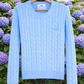Cableknit crew sweater with tonal map of nantucket