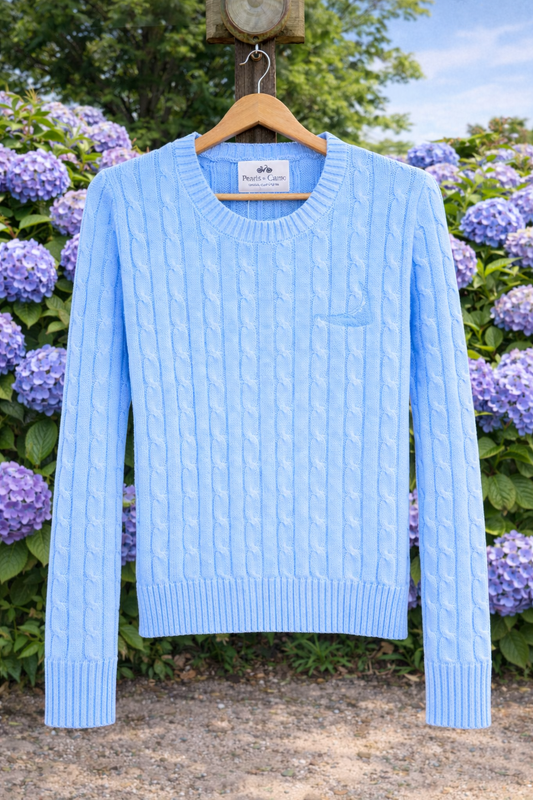 Cableknit crew sweater with tonal map of nantucket