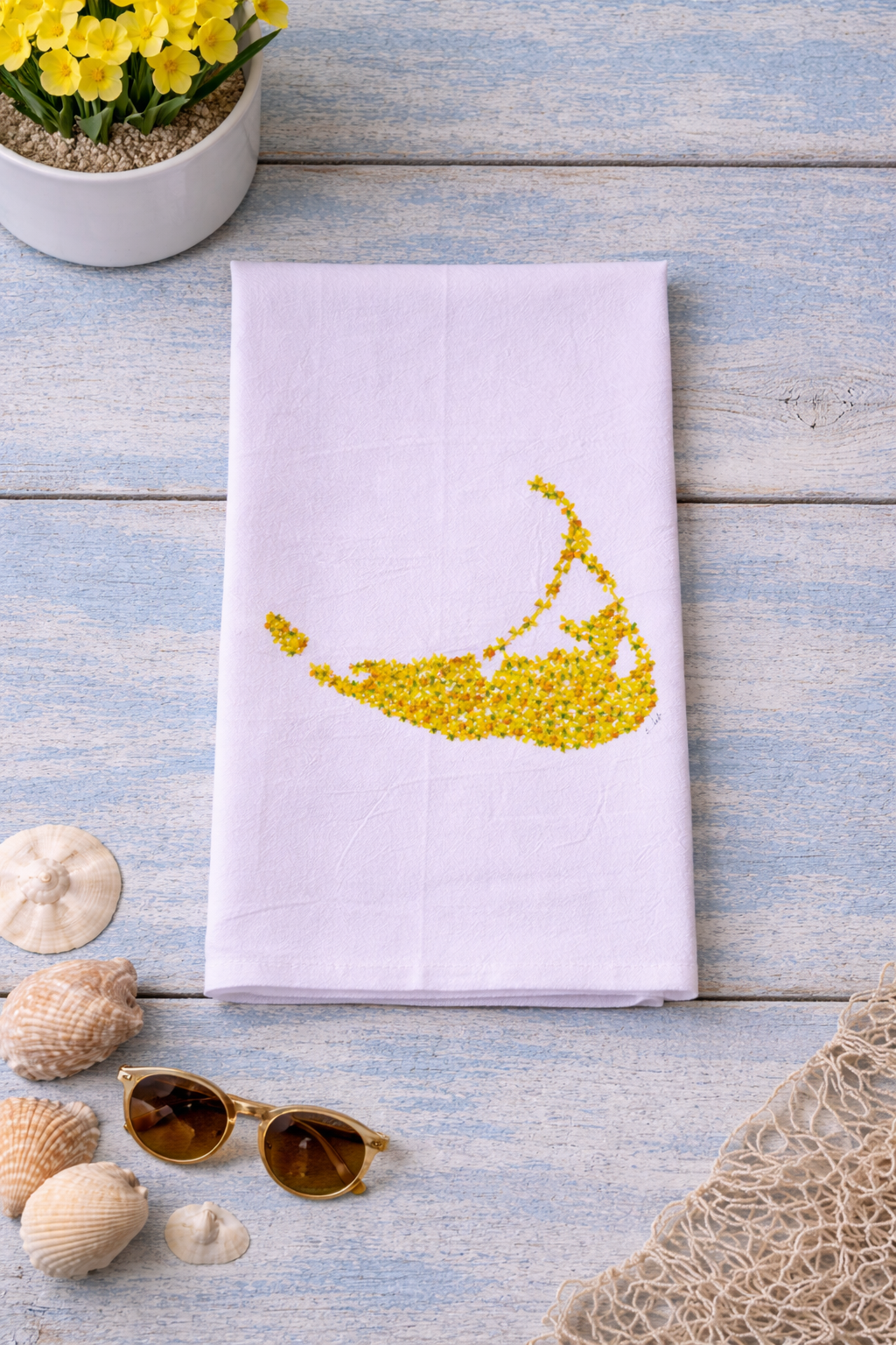 Nantucket Map with Daffodils Tea Towel