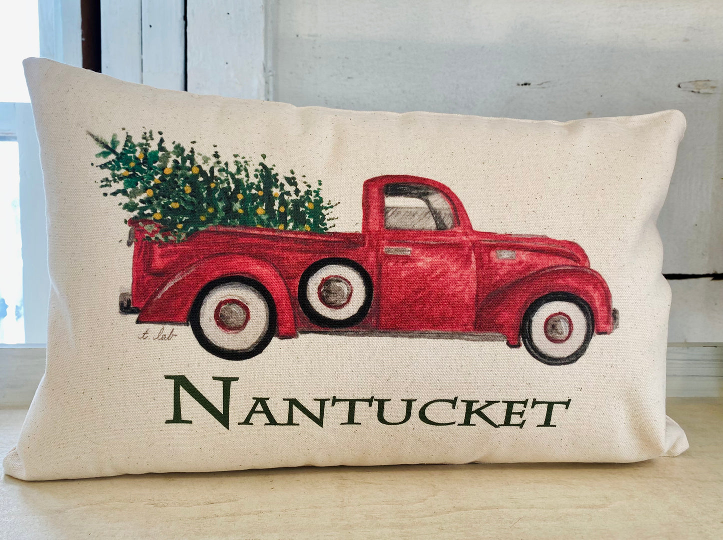 11X17 PILLOW RED TRUCK W/TREE NANTUCKET