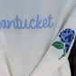 Nantucket Script Sweater with Hydrangea.