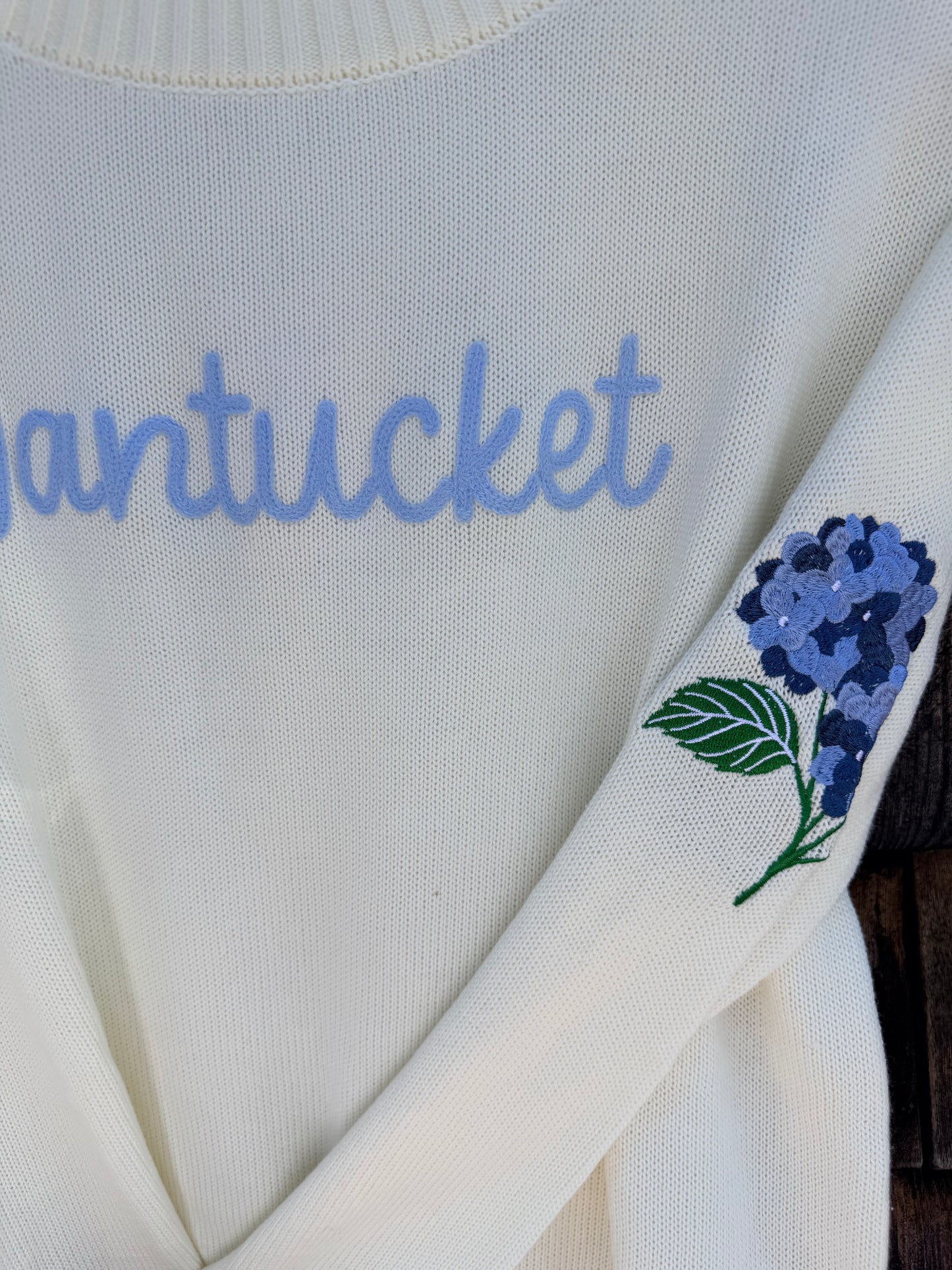 Nantucket Script Sweater with Hydrangea.