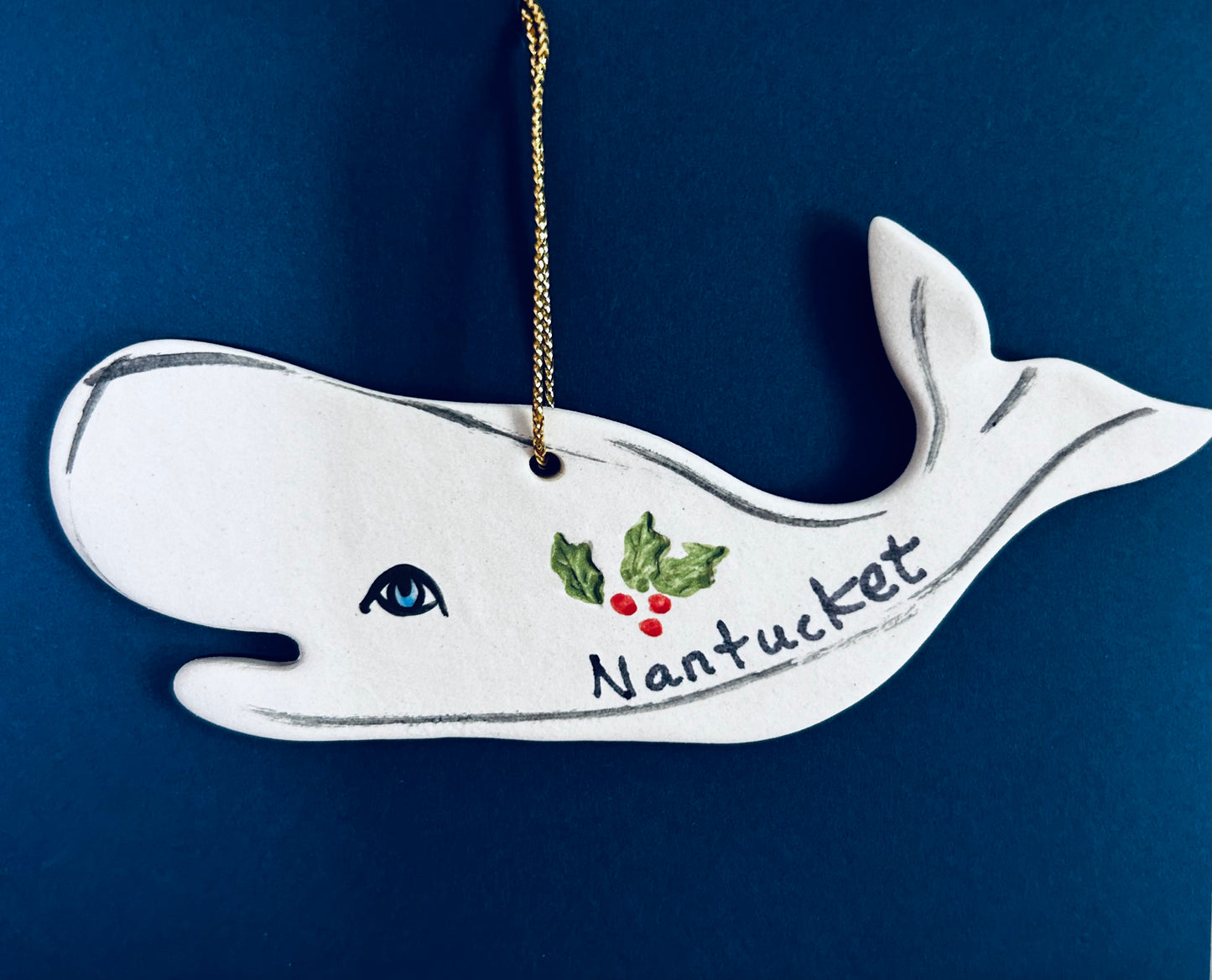 SPERM WHALE WITH HOLLY NANTUCKET CHRISTMAS ORNAMENT
