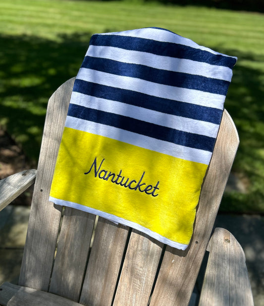 BLUE AND YELLOW VELOUR STRIPED TOWEL