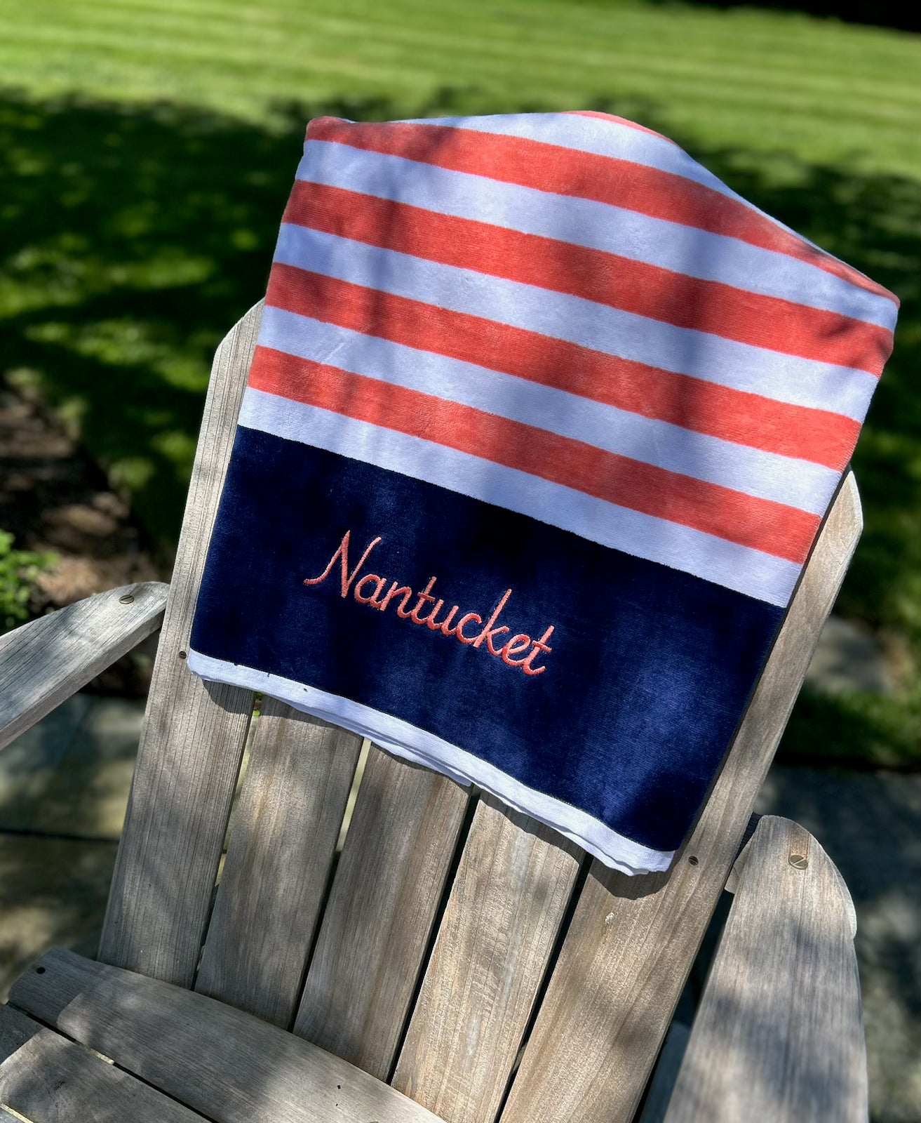 CORAL AND NAVY VELOUR STRIPED TOWEL