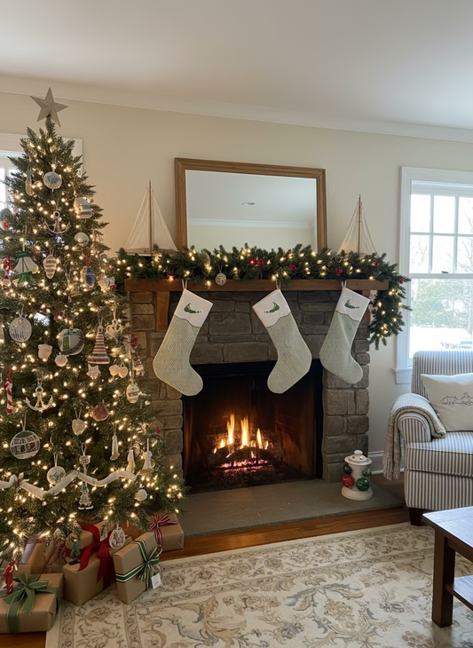 GREEN  AND WHITE STRIPED STOCKING WITH MAP