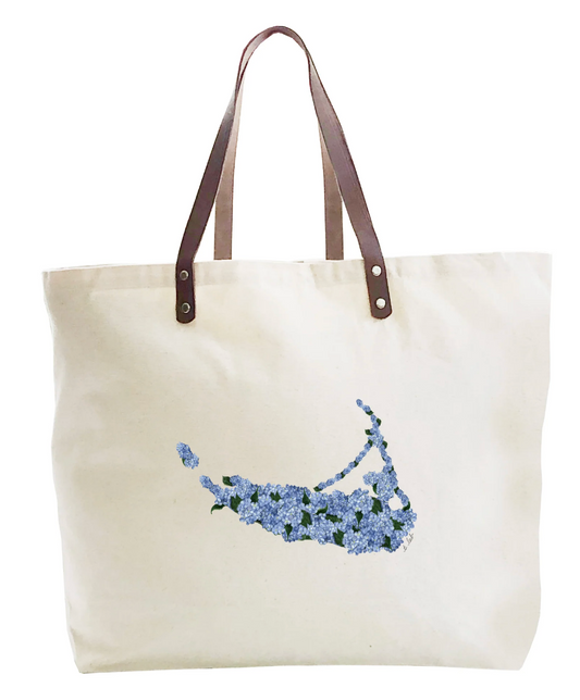Large Tote Leather Handles Hydrangea map of Nantucket