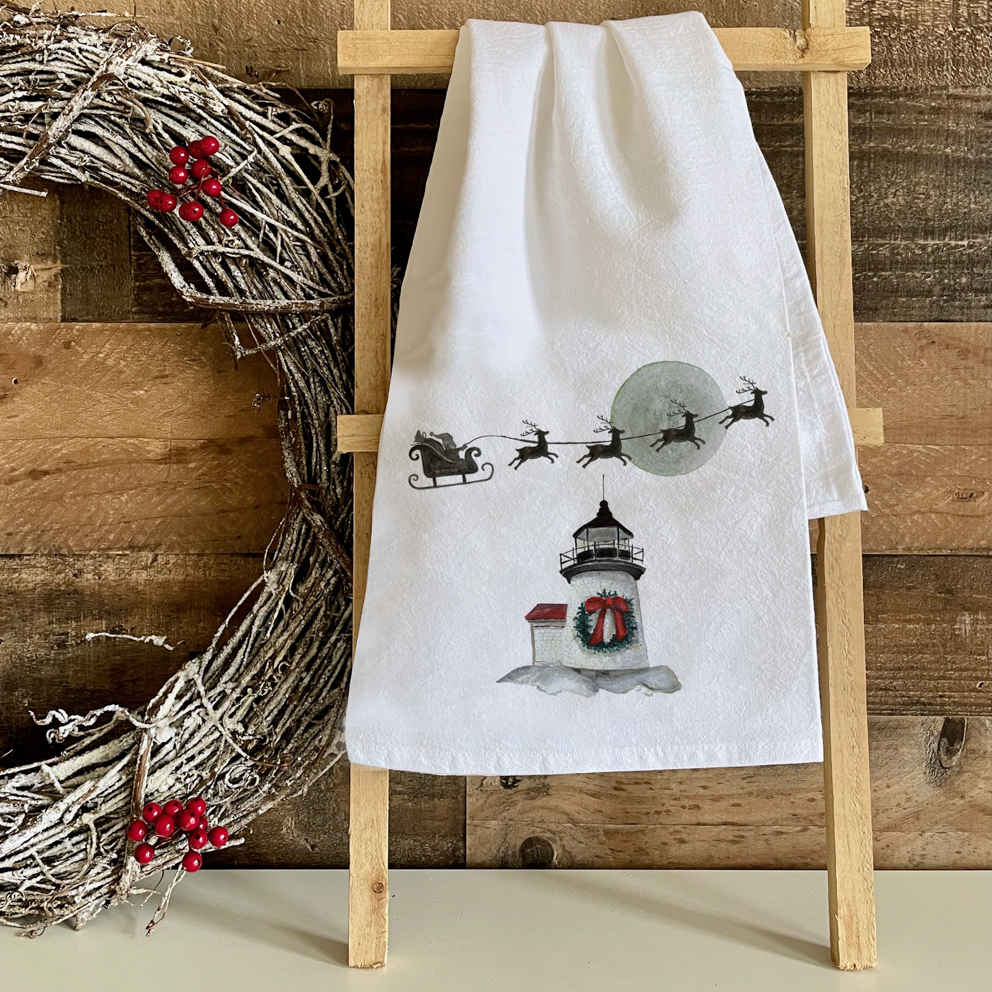 BRANT POINT WITH WREATH AND SLEIGH FLOUR SACK TEA TOWEL