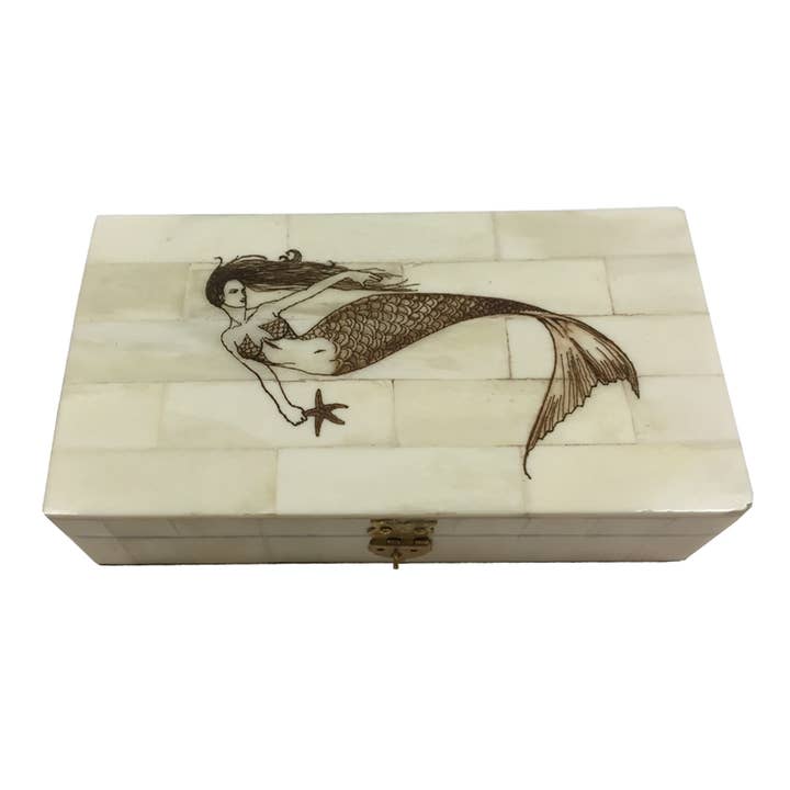 Mermaid and Sea Stars Scrimshaw Decorative Box